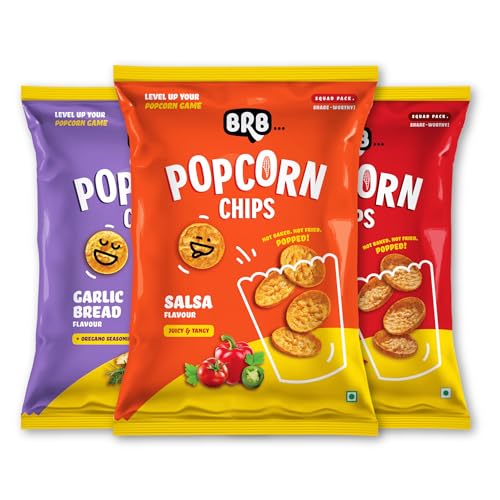 Image of BRB Corn Popped Chips | Popcorn & Nachos Upgraded | 3 Flavours - Salsa, Red Chili Chataka & Garlic Bread | 3 Packs X 48 Grams