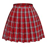 Seazoon Women's Japan high Waisted Pleated Cosplay Skirt Skirts Plaid Red+White-S