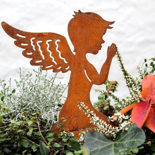 Grabschmuck Engel Grabengel,Engel für Grab Wetterfest Grabdeko Engel Grabschmuck Frostfest Metall Stahl Rost Grabdekoration Friedhof Deko langlebig Gedenkschild Friedhofdekoration (1)