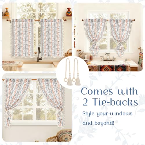 Image of Yinhua Boho Kitchen Curtains 36 Inch Length Vintage Linen Cafe Curtains Light Filtering Bohemian Floral Tier Rod Pocket Farmhouse Rustic Tassel Small Drapes with Tiebacks, 2 Panels, Blue Orange Floral
