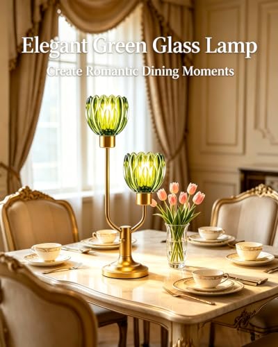 Image of Lightdot Green Glass Flower Table Lamp for Living Room Dimmable Gift | Bulbs Included Mid Century Modern Vintage Gold Desk Lamp Warmwhite Ambient Nightstand Bedside Lamp for Bedroom Home Decor