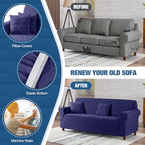 Image of TAOCOCO Stretch Sofa Covers for 3 Cushion Couch, 1Piece Non Slip Sofa Slipcover Washable with 2PCS Throw Pillow Covers, Jacquard Furniture Protector for Pets Dog(3 Seater,Dark Blue)