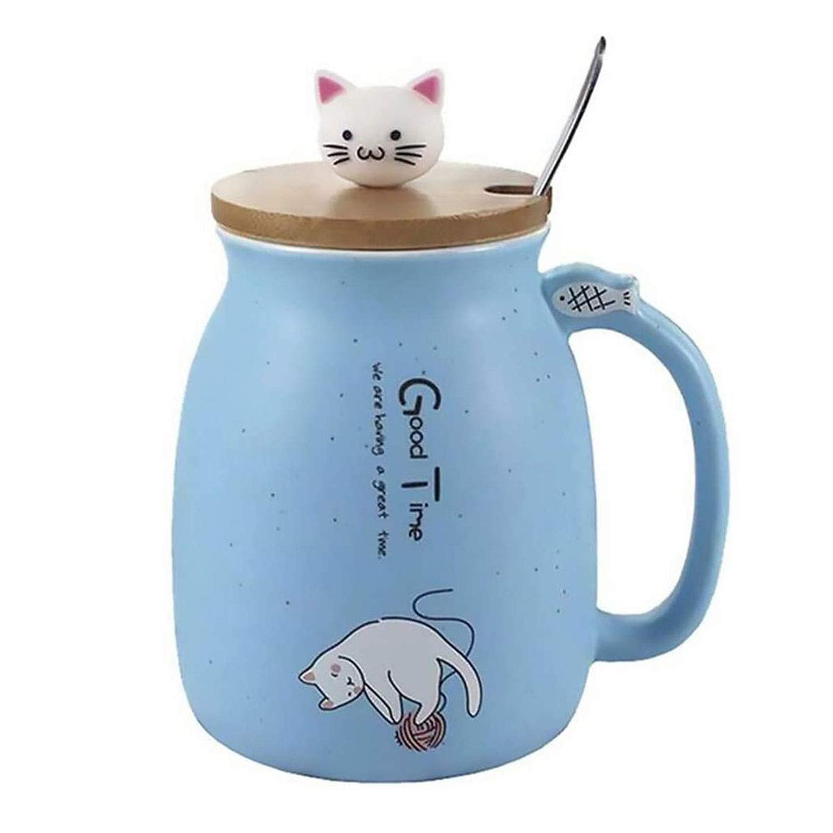 Hwagui - Cute Cat Ceramic Mug with Spoon and Lid, Coffee Cup, Tea Cup, Milk Cup for Present, Blue 450ml/15oz - blue