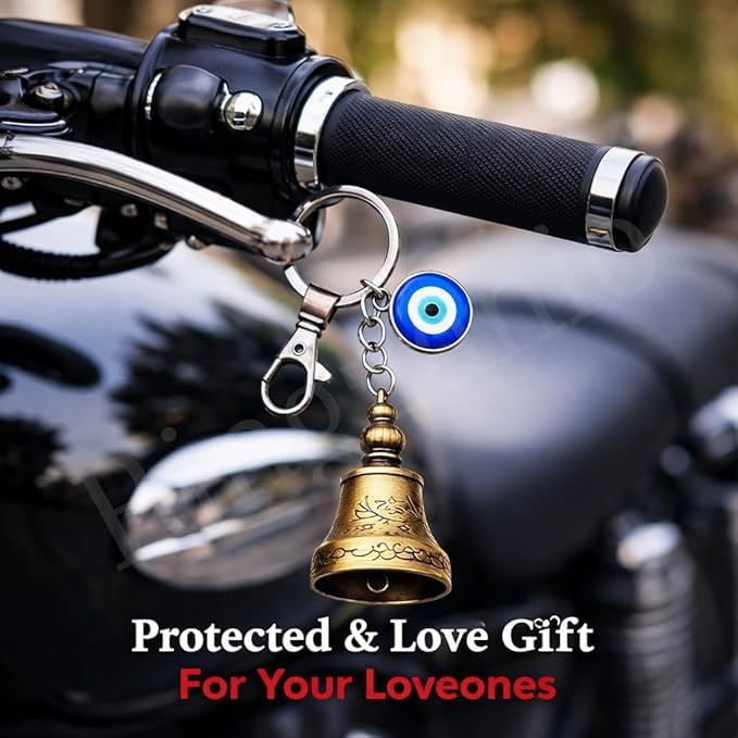 Image of Guardian Bell Keychain for Bike and Car | Tibetan Texture Bell Keychain with Evil Eye | Good Luck Charm Bell | Ghanti for Bike | Guardian Bell | Gift for Men | Protection Charm | Gift for Rider