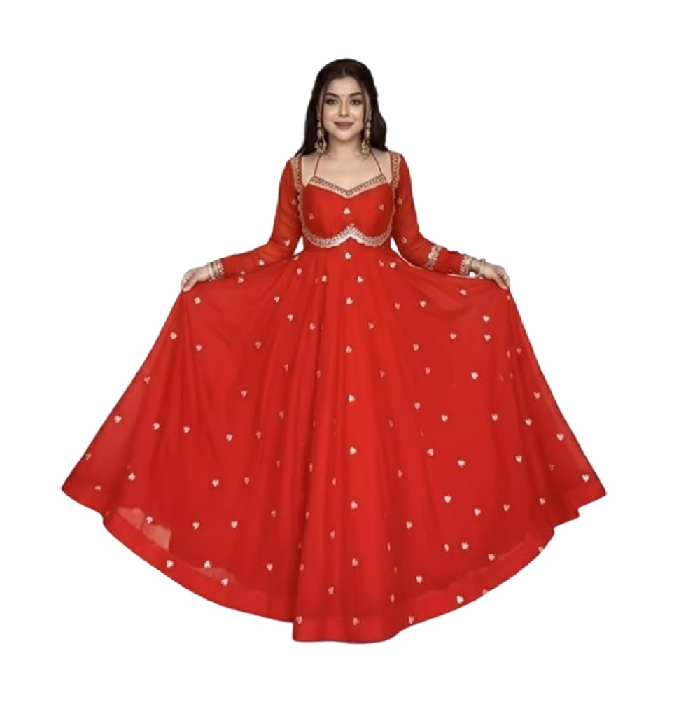 Women Faux Georgette Embroidered Anarkali Gown Set with Dupatta & Pant | Thread & Sequin Work | Fully Stitched Ethnic Wear for Festive Wedding Party Functions-image-15