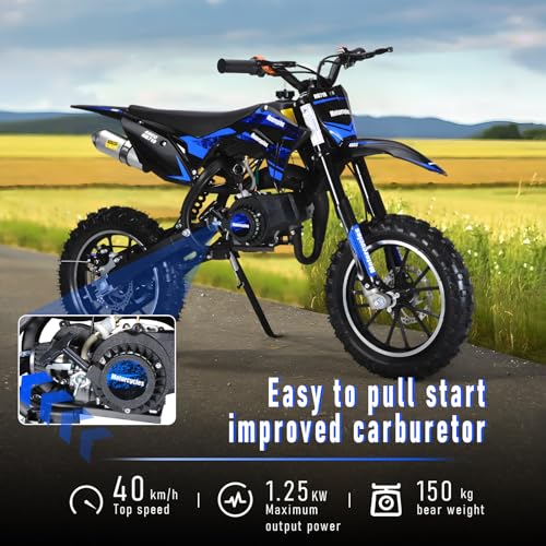Image of 50CC Kids Dirt Bike,2-Stroke Gas Powered Mini Dirt Bike for Kids Up to 35 MPH Off-Road Motorcycle with 10-Inch Tires Disc Brakes 330LBS Max Load Pull Start Gift for Boys Girls Youth 8-14 (Blue 2026)