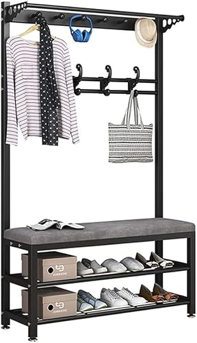 KIJyfgTR Coat Rack Freestanding Entry Hall Tree Hanging Rail Clothes Stand With Storashelves, For Entryway, Hallway(Black Gray,100Cm)