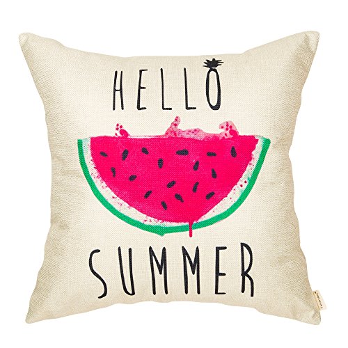 Fahrendom Hello Summer Watercolor Watermelon Seasonal Quote Decoration Farmhouse Décor Cotton Linen Home Decorative Throw Pillow Case Cushion Cover with Words for Sofa Couch 18 x 18 Inch