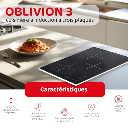 Family OBLIVION 3, Plaque à Induction, Portable, 3 Feux, Fonction Minuteur jusqu’à 3 Heures, Sécurité Enfants, Protection contre la Surchauffe, Seulement 5 cm d’Épaisseur – Image 3