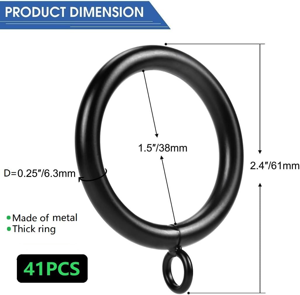 41 anelli per tende in metallo con occhielli di diametro interno da 3,8 cm, adatti per aste fino a 3,8 cm, diametro del filo spesso (nero, 41 pezzi)