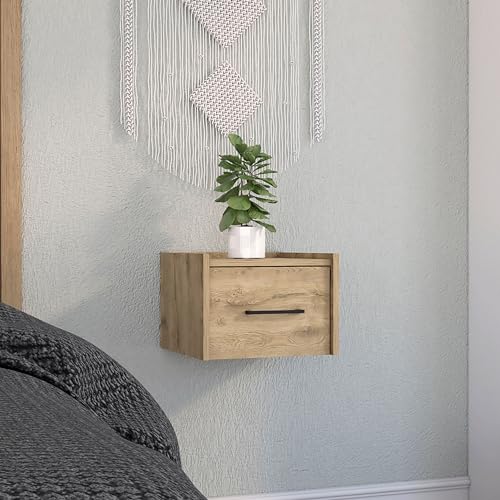 RiouPsithuric Mueble Flotante Moderno Mesita de Noche de Pared con un Solo cajón, Superficie compacta de 35 x 33,5 cm con cajón de 26,4 x 14 cm, Color Beige Macadamia, mesita de Noche Que ahorr