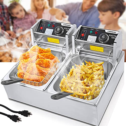 21.14 QT 3000W Electric Deep Fryer with 2 x 4.2 QT Removable Baskets and Thermostat with Double Temperature Probes for Commercial and Home Use by Hopekings - Used condition - US$65.24