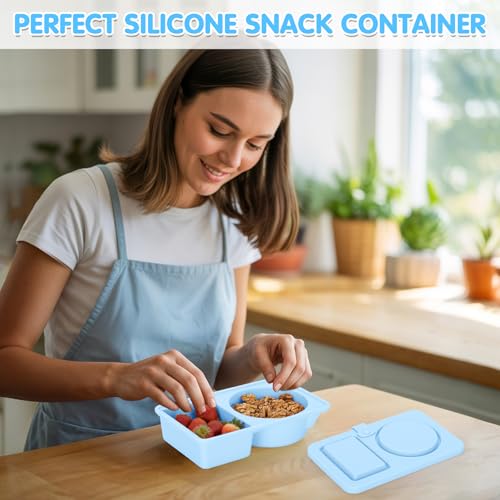 Dalycro Silicone Snack Containers with Lids – Reusable Snack Containers with Double Compartments for Adults Mini Silicone Food Box Perfect for Travel Lunch Gym (Blue) — view 6