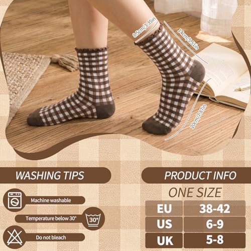 Image of 6 Pairs Women Ruffle Striped Frilly Socks, Cute Checkered Ankle Sock for Women Cotton Knit Casual Crew Socks