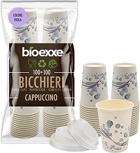 vasos desechables con tapa para llevar de bioexxe 100 piezas con 100 tapas tamaño grande 270 ml, vasos carton para bebidas calientes, cafe y capuchinos (morado) Cover