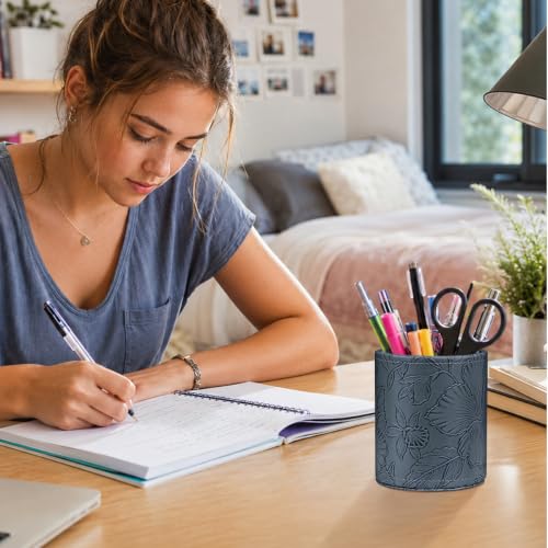 Image of Round Leather Pen Holder for Desk, Desktop Organizer,(Navy Blue)