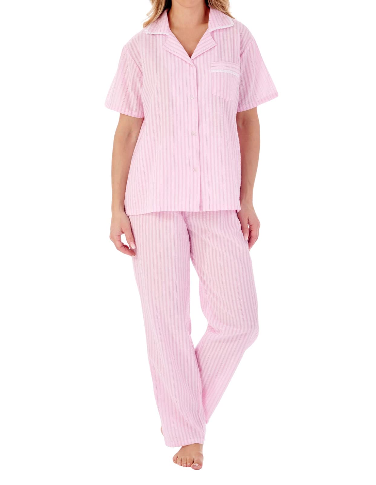 Slenderella Ladies Seersucker Stripe Pyjamas Classic Tailored Lightweight PJs Set UK 16/18 (Pink)