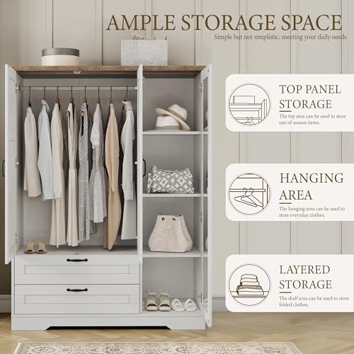 Yechen 3-Door Wooden Armoire Wardrobe Closet with Drawers and Shelves, Bedroom Armoires Closet with Mirror for Hanging Clothes, Coat, Farmhouse Wardrobe Cabinet for Large Storage Needed