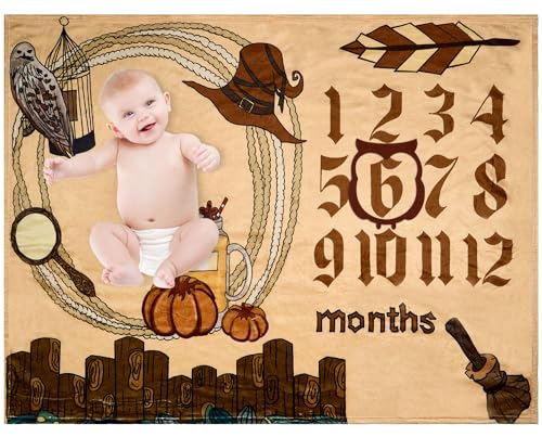 Image of DCOOLGO Magic Cute Baby Monthly Milestone Blanket with Frame Magic Theme Boys and Girls Baby Month Photo Props Magic Print Photo Blanket My First Birthday Party Supplies 50"x40"