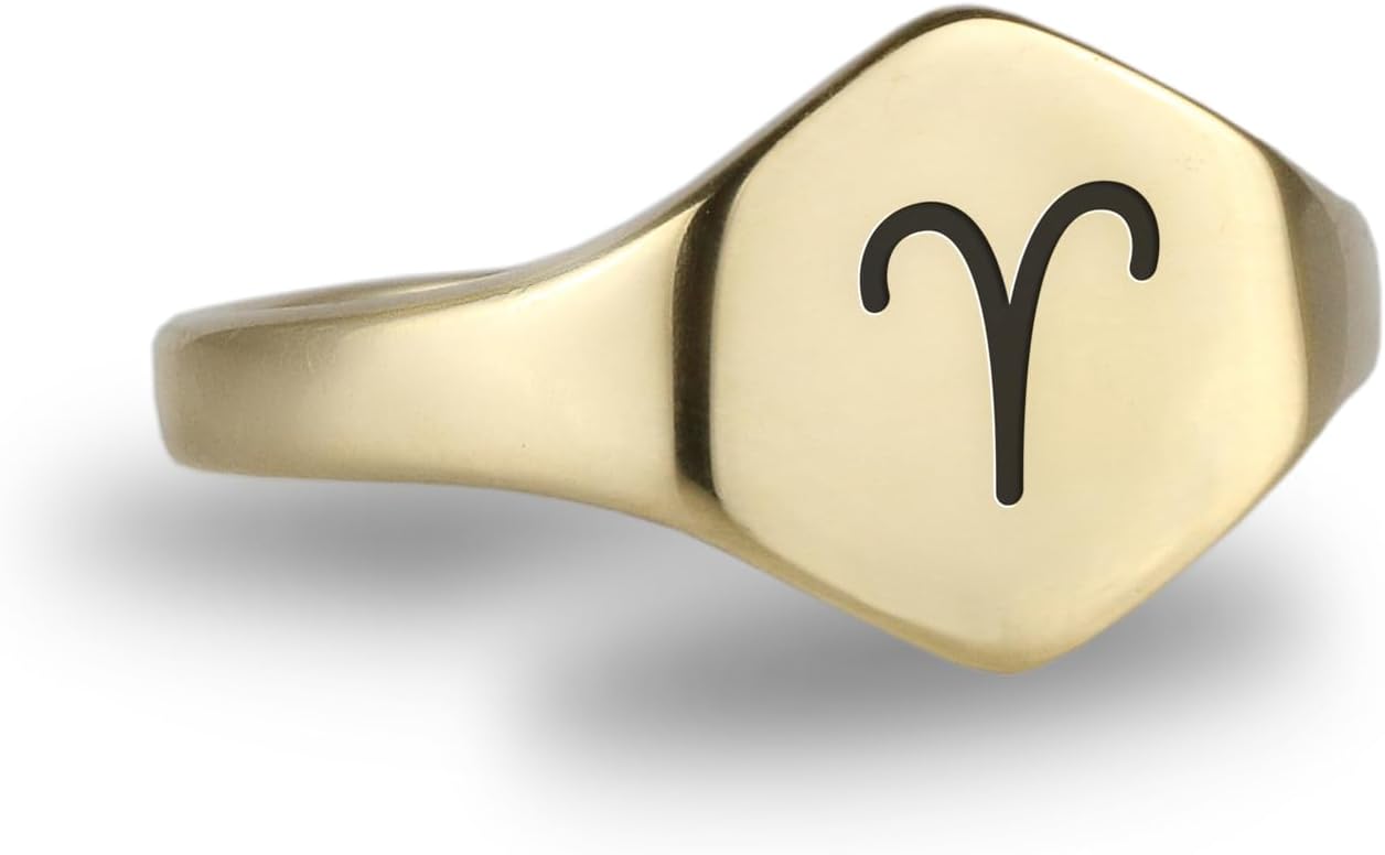 14k Gold Aries Signet - Engraved Custom Zodiac - Birth Month Ring