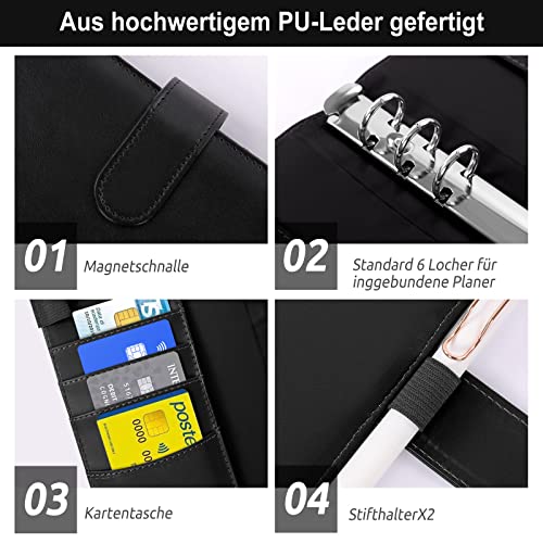 KONVINIT Budget Planner Deutsch Budget Binder A6,Budgetplaner Geldumschläge Umschlagmethode Sparen,Sparbuch mit Folien,Geld Organizer mit Budgetbogen,Etiketten,schwarz