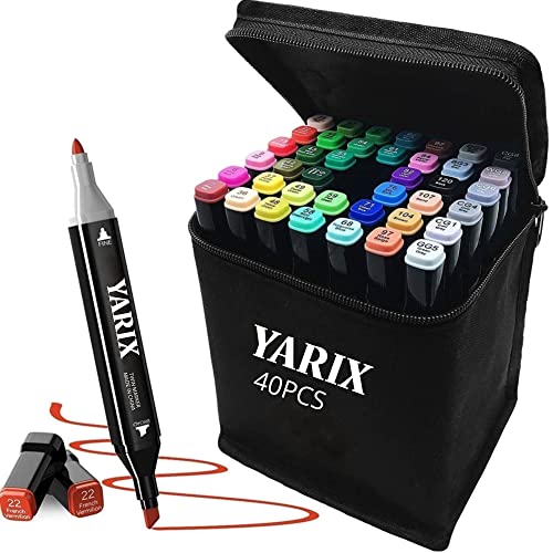 YARIX 40 Alcohol Markers, Dual Tip Art markers set, Colouring pens,Art markers, Felt tip pens, Colouring pens for adults, Marker pens, Perfect for Drawing, Calligraphy, Manga, Anime & More