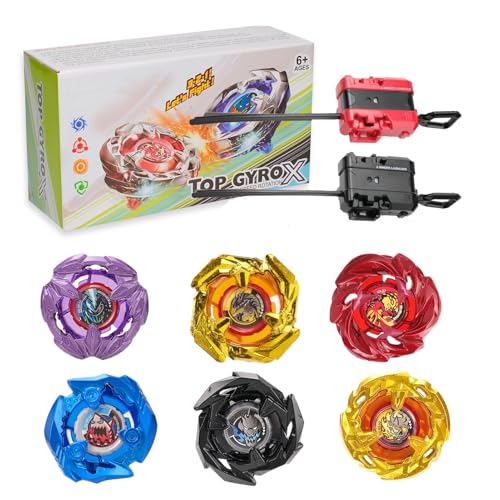 DEZAWRTY X Set de Batalla de peonzas, 6 peonzas de Combate, 2 lanzadores, Paquete de Inicio Gyro para niños, Juguetes, Juguetes de cumpleaños para niños, 6+