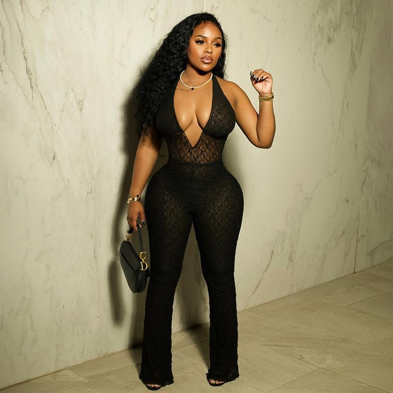 Halter Lace Jumpsuit for Women Sexy Bodycon Mesh One Piece Outfits See Through Romper Trendy - Image 3