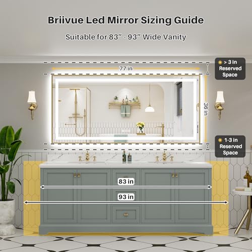 Image of 77x36 Inch LED Bathroom Mirror with Gold Frame, Backlit & Front Lit, Anti-Fog Lighted Bathroom Vanity Mirror for Wall, Memory Function, Dimmable, HD Tempered Glass, Shatter-Proof