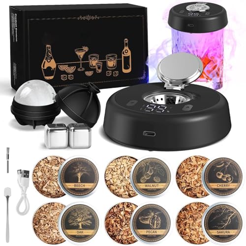 YOUWE7 Electric Whiskey Smoker Kit with 7 Light Modes Rechargeable Cocktail Smoker with 6 Wood Chips Food-Grade Stainless Steel Ice Cubes & Mold Christmas or Birthday Gift for Men Dad Husband