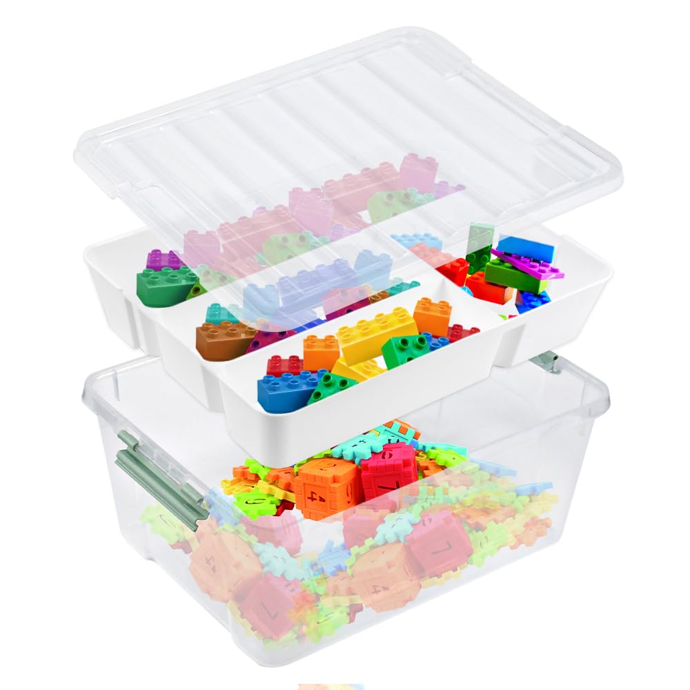 6L Cajas de Almacenamiento de Plástico Transparente con Bandeja Extraíble, Caja de Almacenamiento Grande con Tapa a Rayas, Cajas de Almacenamiento Apilables para Organizar para Juguetes Etc