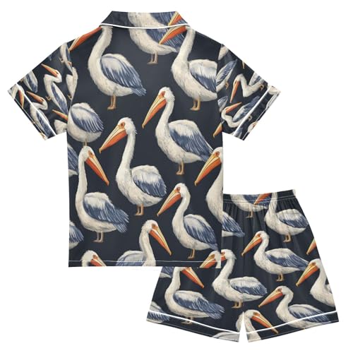 Satin Pajama Sets Short Sleeve Cute Pelican Pattern Print Button Down Silky Nightwear 2 Piece PJS 5-14Y2