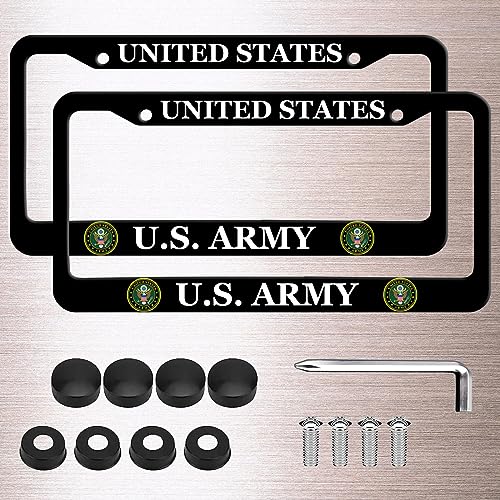 2 Pack License Plate Frames for U.S. Army Universal Aluminum Front and Rear License Plate for United States Army (Black)
