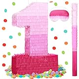 Number Pinata Number Birthday Pinata Decorations Gradient Pink Pinata with Stick Blindfold Confetti for Girls Boys Birthday Anniversary Party Decorations Supplies (Number 1)
