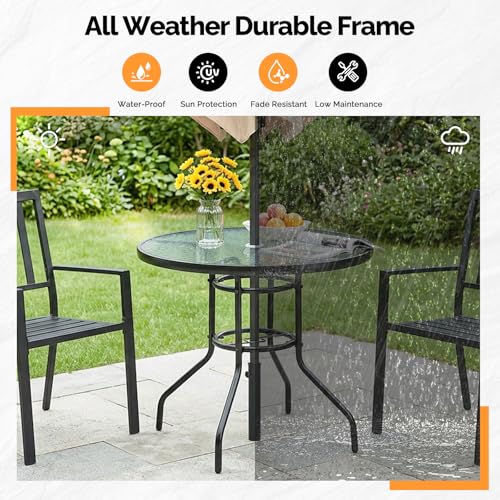Image of VINGLI Round Patio Table with Umbrella Hole, 32 inch Outdoor Dining Table Steel Tempered Glass Patio Tables Round Outdoor Tables for Balcony Garden Deck
