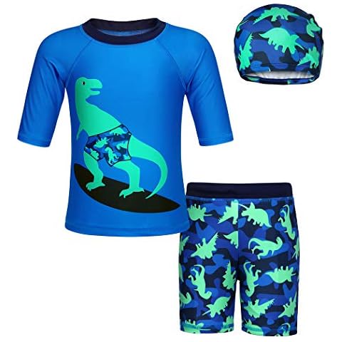 Jurebecia Boys 1-Piece UV Protection Swimwear Kids Cartoon Animals Swimming Suit Child Rash Guard Swimsuit Beach Holiday, 7-8 Years, Blue 306 Cover