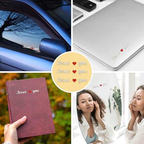 Image of 3 Pcs Jesus Loves You Rear View Mirror Decals, Christian Car Stickers with Red Heart, Waterproof Vinyl Christian Car Decor for Women, DIY Decals for Car Windows, Walls, Laptops & Vanity