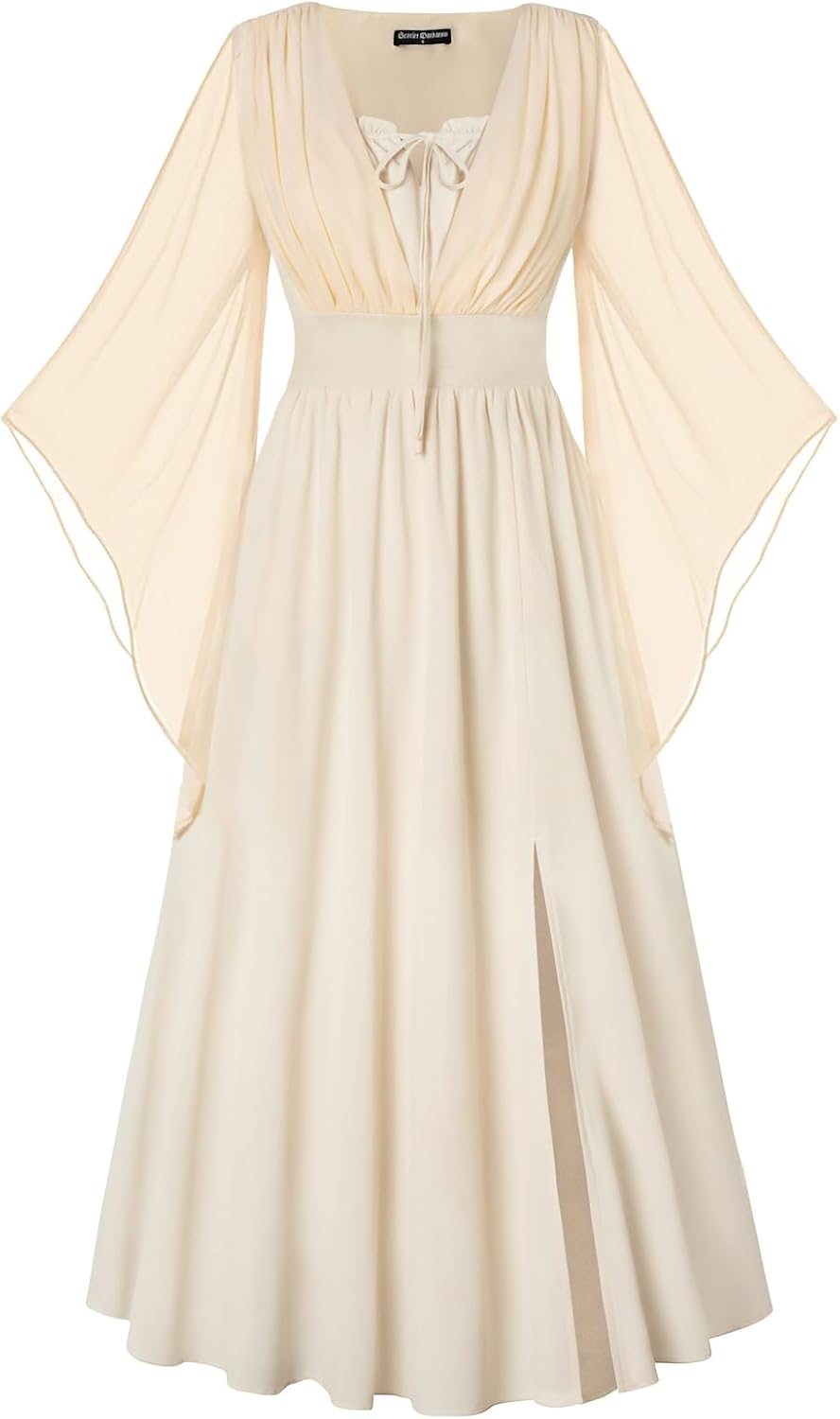 SCARLET DARKNESS Renaissance Dress Women Bell Sleeve Fairy Dresses Witch Costume Split Maxi Dress with Pockets