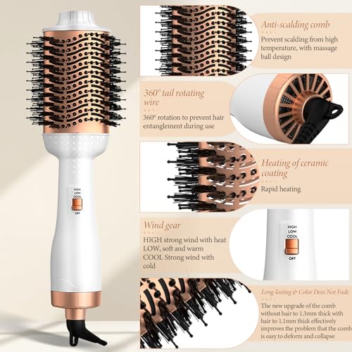 Miniatura 3 de Hyadiertech Cepillo De Aire Caliente, Cepillo De Aire Caliente 3 En 1 Multifunción Con 3 Temperaturas Ajustables Y 2 Velociades, Iónico Negativos Cepillo Secador De Pelo Para Secar Alisador Rizador
