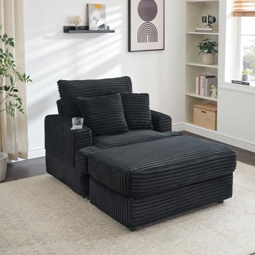 JEEOHEY Chaise Lounge Chair Indoor, 39" W Plush Corduroy Oversized Chair with Ottoman, Upholstered Cozy Chaise with Cup Holder, Modern Deep Seat Comfy Sofa Armchair for Living Room, Bedroom(Black)