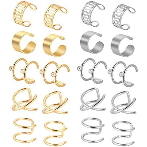 Hanunalir 10 Pairs Ear Clips Women Silver Gold Ear Cuffs Stainless Steel Ear Bone Clips Non Pierced Cartilage Earring Helix Wrap Earrings Fake Cartilage Cuffs for Women Girls Cover