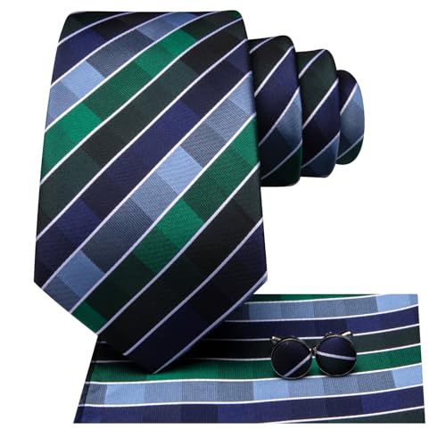 Image of Hi-Tie Silk Ties for Men Plaid Paisley Striped Necktie Pocket Square Cufflinks Set Formal Business