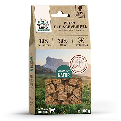 Wildes Land - Fleischwürfel Pferd - 100 g - Kausnack für Hunde - 70% Frischfleisch - 30% Gemüse & Beeren - Natürlich belohnen - getreidefrei - Hohe Akzeptanz - Frisches, schonend getrocknetes Fleisch
