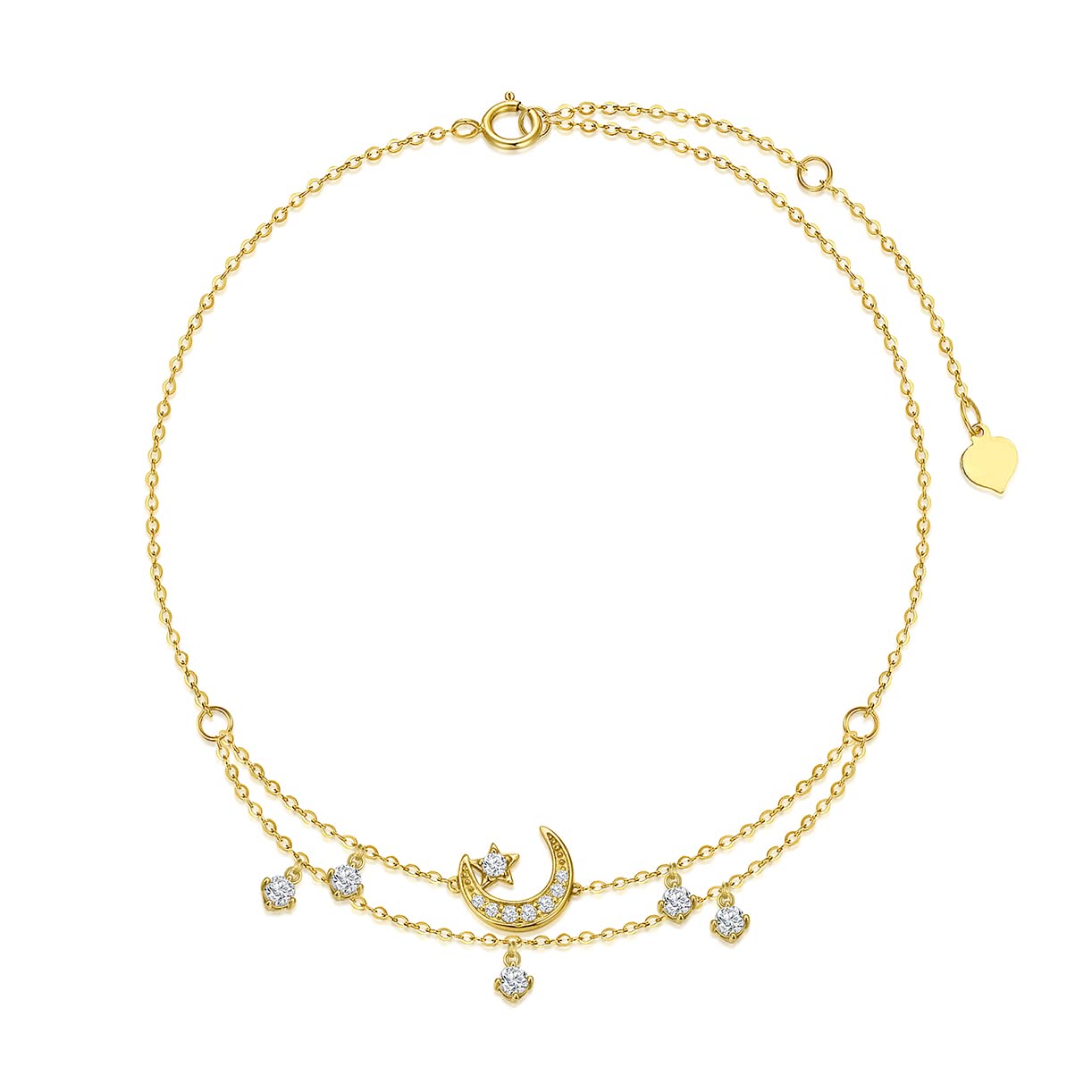 SISGEM 9 ct Gold Moon and Star Anklet, Solid Yellow Gold Beaded Layered Anklet, for Women Girls Ladies Mum Sisters, 8"+1"+1"