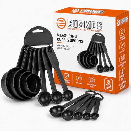 E-COSMOS® Plastic Measuring Spoon and Cup Set, 8-Pieces (Black, Pack of 1), Mix Size (EC-Cup-Black)