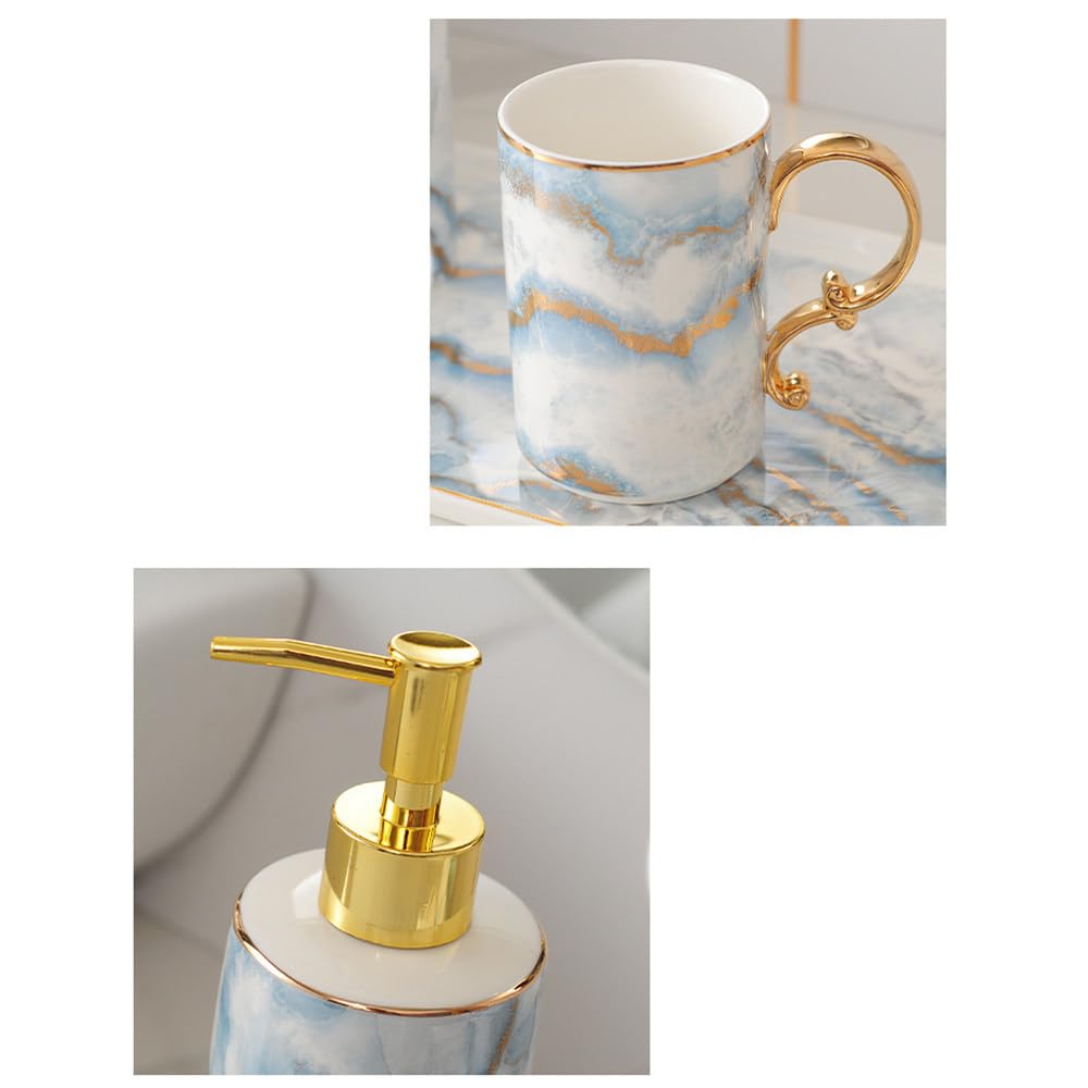 Luxuriöses Marmor-Badezimmerzubehör-Set, 5-teiliges Bad-Set mit Zahnbürstenhalter, Zahnputzbecher, Seifenspender und mattem Finish, elegantes Geschenk-Set für Badezimmer-Dekoration, Blau,