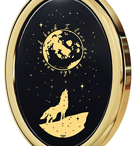 Gold Plated Silver I Love You To The Moon And Back Necklace Pure Gold Inscribed Nostalgic Howling Wolf And Stars On Onyx Gemstone Anniversary Birthday Gift Pendant For Her, 18" Chain #TOP1