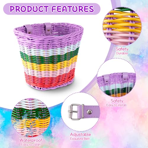 Bike Basket Kids, Rainbow Bike Basket Front Bike Accessories for Girl Boys, Woven Bicycle Basket with Stickers, Bike Bell, Windmill, and 1pairs Colorful Ribbons Tassels(Rainbow Basket) - Thumbnail 3