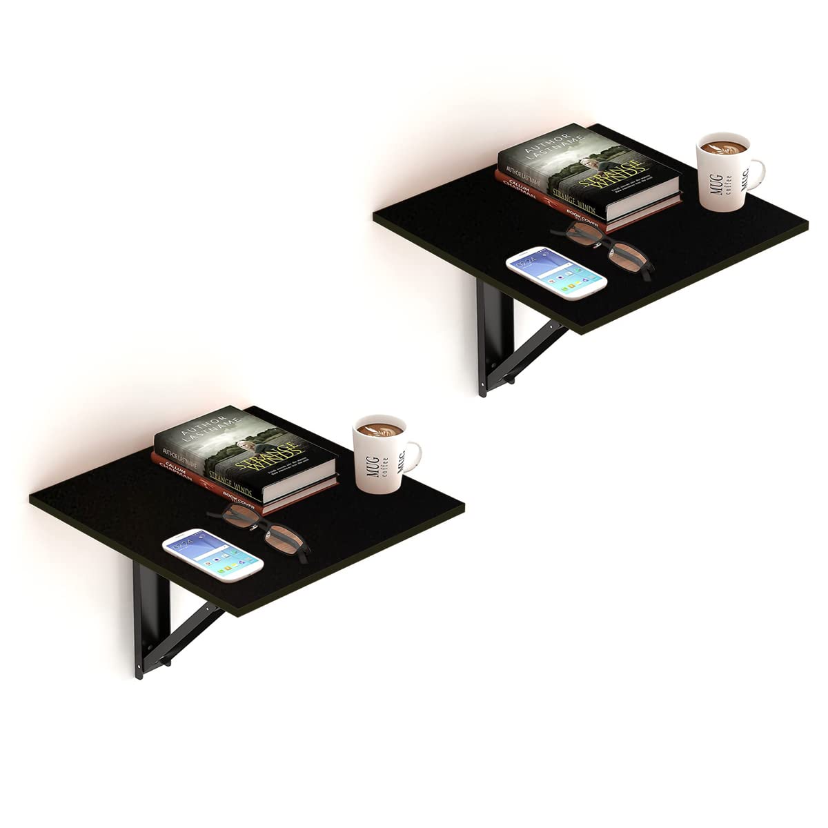 Kawachi Engineered Wood Wall Mount Bed Side Table, Folding Bedside Table for Home Living Room Study Room Beige Pack of 2 (Oak Brown)-image-2