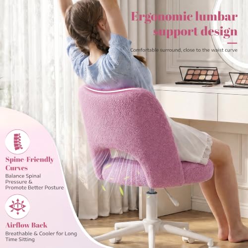 Image of DurayLoly Vanity Chair with Wheels & Open Back,Light Purple | Soft Teddy Fabric, Armless, 6 inch Thick Cushion, Height Adjustable, 300 lbs, 360 Swivel for Vanity Table, Home Office